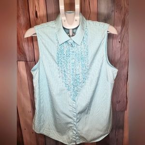 Lauren Ralph Lauren Ruffle Stripe Button-Up Shirt Sleeveless Blue White Cotton